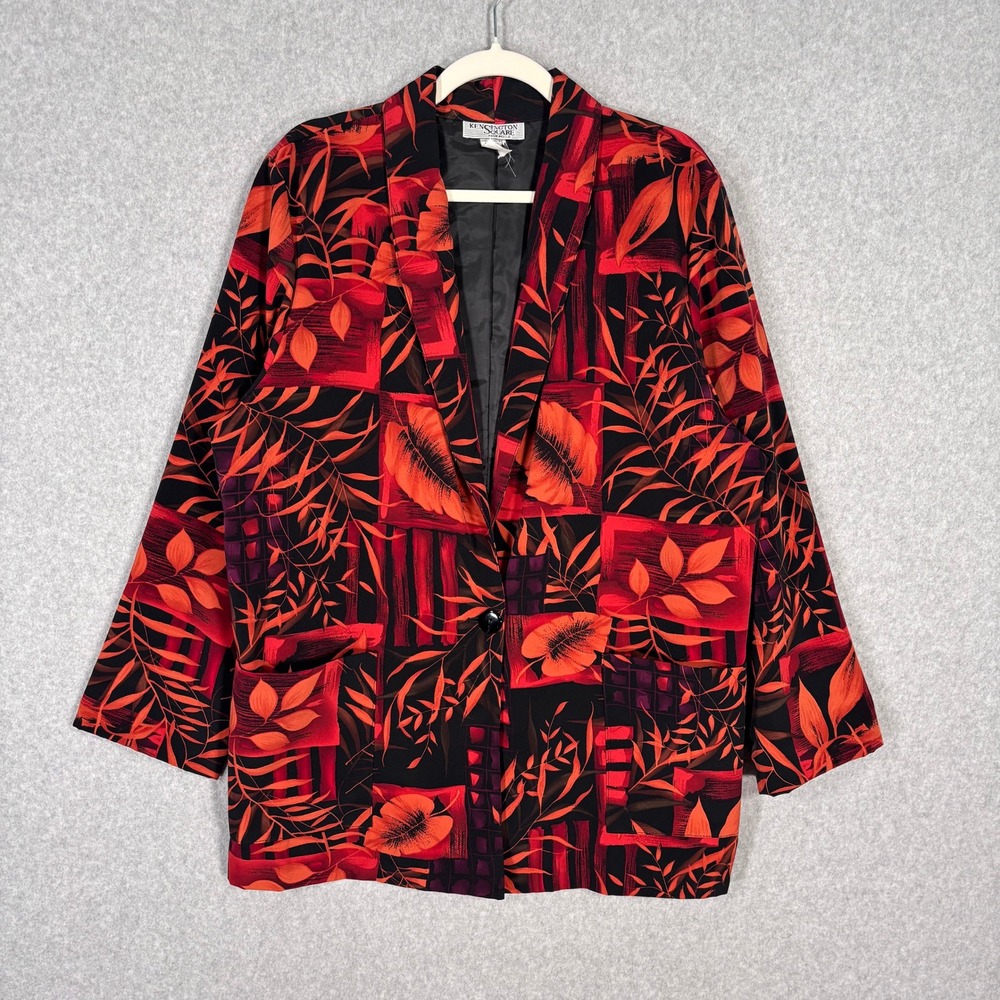 Vintage 90s Maximalist Blazer Large Silky Tropical Leaf Abstract Artsy Boho USA‎